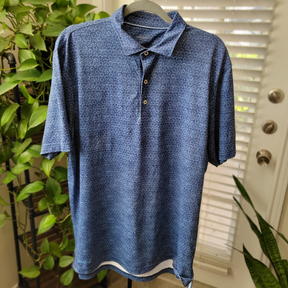 Johnnie-O Mens Large Blue Geometric Print Performance Golf Polo Shirt UPF 50